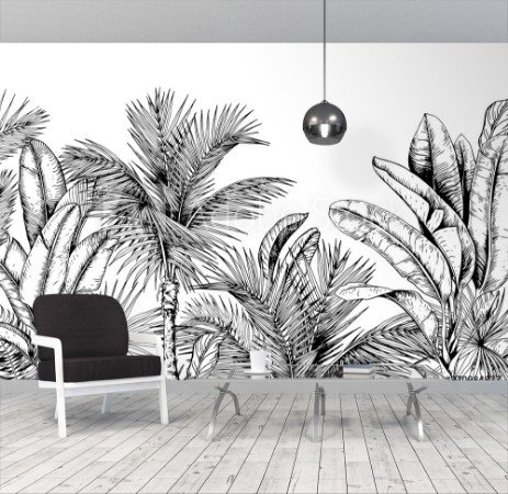 Image de Tropical card with palm trees and banana leaves Black and white Hand drawn vector illustration